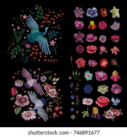 Crane bird, flowers, rose, rose-hip, plant. Traditional folk stylish stylish embroidery on the black background. Sketch for printing on clothing, fabric, bag, accessories and design. Vector, trend