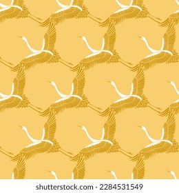 Crane Bird Flying in Group Vector Seamless Pattern