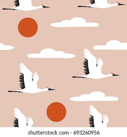 Crane bird flying in the sky evening. Vector hand drawn illustration