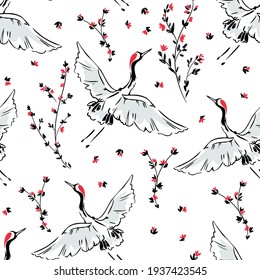 Crane Bird hand drawn background seamless pattern Heron sketch vector print textile