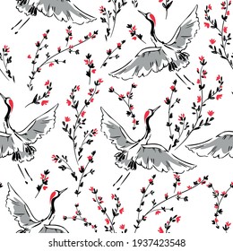 Crane Bird hand drawn background seamless pattern Heron sketch vector print textile