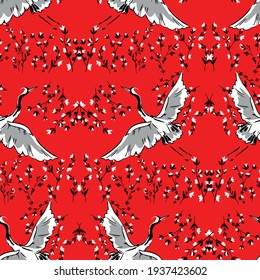 Crane Bird hand drawn background seamless pattern Heron sketch vector print textile