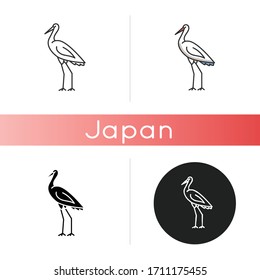 Crane bird icon. Heron standing in pose. Elegant animal in stance. Japanese bird with long neck. Fauna and wildlife. Linear black and RGB color styles. Isolated vector illustrations
