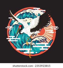 crane bird illustration design for sukajan is mean japan traditional cloth or t-shirt with digital hand drawn Embroidery Men T-shirts Summer Casual Short Sleeve Hip Hop T Shirt Streetwear