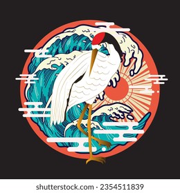crane bird illustration design for sukajan is mean japan traditional cloth or t-shirt with digital hand drawn Embroidery Men T-shirts Summer Casual Short Sleeve Hip Hop T Shirt Streetwear 