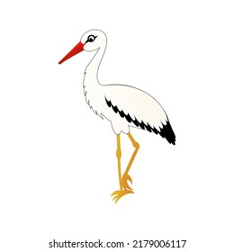 Crane bird isolated on white background in cartoon style, stork stands on one leg, design element, bird theme