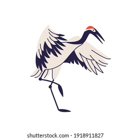 Crane bird isolated vector illustration. Stork, egret, heron design element. Asian creature, Japane wildlife in cartoon style.
