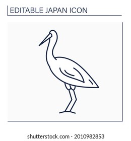 Crane bird line icon. East Asian crane. Luck, longevity, and fidelity symbol. Traditional Japanese bird. Japanese culture concept. Isolated vector illustration.Editable stroke