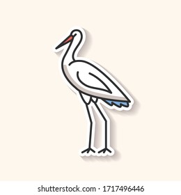 Crane bird patch. Heron standing in pose. Elegant animal in stance. Japanese bird with beak and long neck. Fauna and wildlife. RGB color printable sticker. Vector isolated illustration
