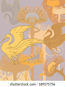 Crane bird and Pincushion Protea flower in a detailed silhouette illustration. YEllow, gold, tan, grey and cream color scheme on a warm grey background. Vector illustration.