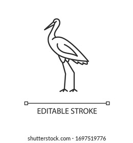 Crane bird pixel perfect linear icon. Heron standing in pose. Elegant animal in stance. Thin line customizable illustration. Contour symbol. Vector isolated outline drawing. Editable stroke