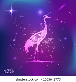 crane bird. Polygonal wireframe crane bird silhouette on gradient background. Space, futuristic, zodiac concept. Shine neon style vector illustration