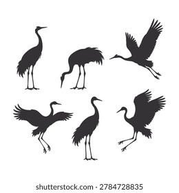Crane Bird Silhouette Collection Flying Standing and Dancing Wildlife Set