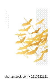 Crane bird silhouette decoration vector. Japanese background with hand drawn wave pattern. Ocean sea banner design with natural landscape template in vintage style