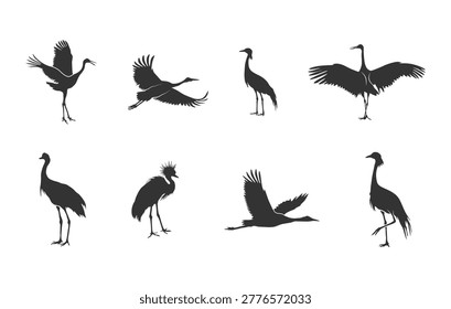 Crane bird silhouette, Crane silhouette, Crane bird vector set