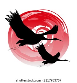 crane bird in sky couple sun minimalism black white red background japan asian