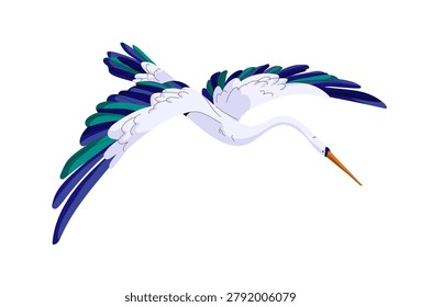 Crane bird with spread wings is gliding. Japanese heron is flying on journey. Stork flies in the air. Feathered animal is soaring in the sky. Flat isolated vector illustration on white background