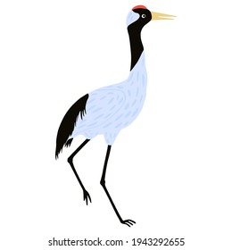 Ave grúa aislada en un fondo blanco. Hermoso color gris pájaro del elemento de diseño de la cultura asiática en estilo plano. Ilustración vectorial.