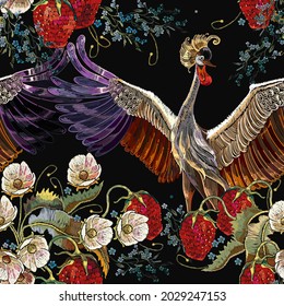Crane bird, strawberry plant with leaves, berries and flowers. Embroidery design. Summer floral art. Fashion template for clothes, textiles and t-shirt design 