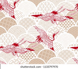 crane bird traditional kimono pattern vector sketch illustration line art japanese chinese oriental design