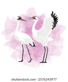 Crane Bird Valentines Day Animal Symbol of Love Postcard Watercolor Vector Illustration