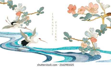 Crane bird vector. Japanese background with watercolor texture painting texture. Oriental natural wave pattern with ocean sea decoration banner design in vintage style. Branch of leave pattern element