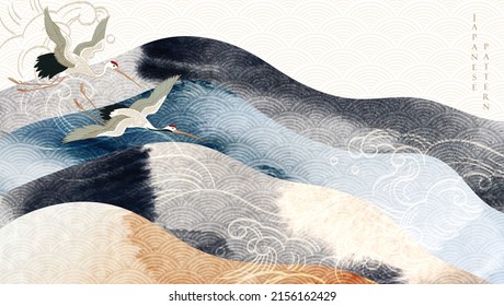 Crane birds with abstract art template with geometric pattern. Japanese background with watercolor texture vector. Mountain landscape layout design in oriental style. grey and black banner.