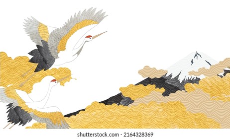 Crane birds with abstract art template with geometric pattern. Japanese background with gold texture vector. Mountain landscape layout design in oriental style. black and white banner.