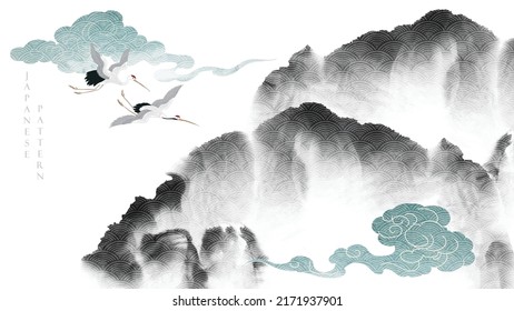 Crane birds with abstract art template with chinese cloud pattern. Japanese background with watercolor texture vector. Mountain landscape layout design in oriental style. Black and white banner