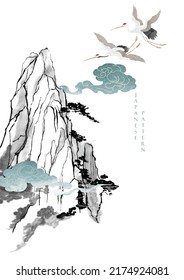 Crane birds with abstract art template with geometric pattern. 
Mountain landscape with hand drawn line in Chinese style. Japanese background with watercolor texture vector. 