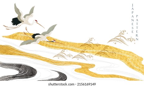 Crane Birds And Abstract Landscape Background With Japanese Wave Pattern And Icon  Vector. Hand Drawn Line With Gold And Black Texture In Vintage Style.