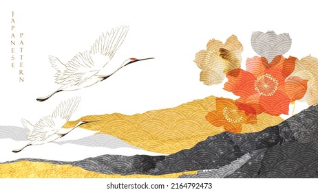 Crane birds and abstract landscape background with Japanese wave pattern and icon  vector. Hand drawn red flower pattern with gold and black texture in vintage style.