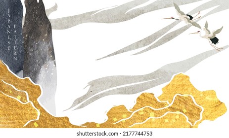 Crane birds and abstract landscape background with Japanese wave pattern and stone and rock vector. Hand drawn line with gold and black texture in vintage style