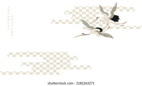 Crane birds and abstract landscape background with Japanese wave pattern and geometric line vector. Hand drawn cloud with gold and black texture in vintage style