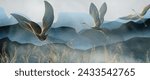 Crane birds against a background of mountains and hills in the fog. Art banner for decoration, print, poster, wallpaper, textile, interior design.