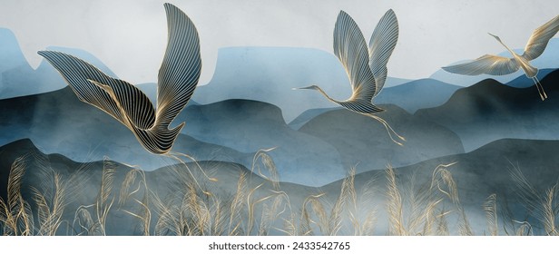 Crane birds against a background of mountains and hills in the fog. Art banner for decoration, print, poster, wallpaper, textile, interior design.