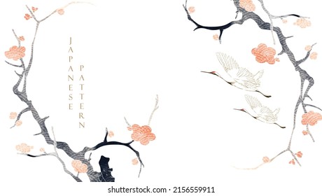 Crane birds and art natural landscape background with watercolor texture vector. Branch with leaves and flower decoration in vintage style.  - Shutterstock ID 2156559911