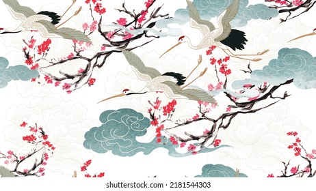 Crane birds and art natural landscape background with watercolor texture vector. Branch with leaves and cherry blossom flower decoration in vintage style. Chinese cloud with painting element.