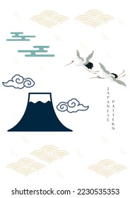 Crane birds and art natural landscape background with Asian traditional icon texture vector. Fuji mountain and cloud element decoration in vintage style