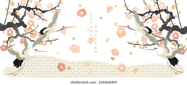 Crane birds and art natural landscape background with pink watercolor texture vector. Branch with leaves and cherry blossom flower decoration in vintage style. 