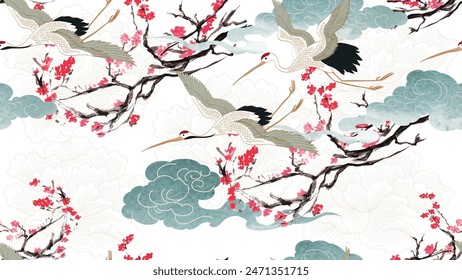 Grúa pájaros y arte de fondo de paisaje natural con Vector de textura de acuarela. Rama con hojas y flores de cerezo patrón sin fisuras en estilo vintage. Nube china con elemento de pintura.