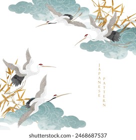 Icono y logotipo de pájaros grulla y hojas de bambú decorados con un hermoso borde de marco florido multicolor. Nube china y primavera Ilustración vectorial plana botánica sobre fondo blanco en estilo vintage