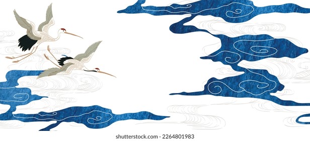 Crane birds with blue cloud background. Brush stroke texture with Japanese chinese cloud pattern in vintage style. Abstract art landscape banner design with watercolor texture vector