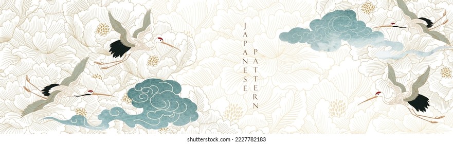 Crane birds and chinese cloud element. Gold peony flower pattern with hand drawn illustration in vintage style. Oriental flora  banner design