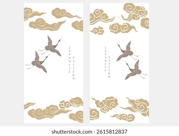 Crane birds and Chinese cloud template in oriental style. Hand drawn line. Abstract landscape with Japanese hand drawn line pattern vector. Nature art background