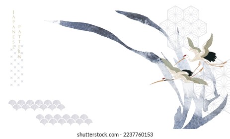 Crane birds Chinese flower decorations with grey watercolor texture in vintage style. Abstract art landscape with Japanese geometric pattern with hand drawn line elements