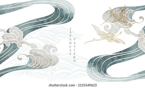 Crane birds with chinese hand drawn wave decorations in vintage style. Japanese background with watercolor texture vector. Art landscape banner design. 