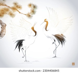 Crane birds dancing under pine tree on white  background. Traditional oriental ink painting sumi-e, u-sin, go-hua. Hieroglyphs - peace, tranquility, clarity, well-being.