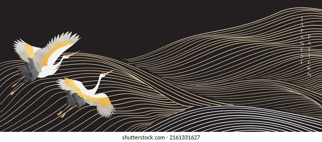 Crane birds decoration vector. Japanese background with hand drawn line wave pattern. Ocean sea banner design with natural landscape template in vintage style 