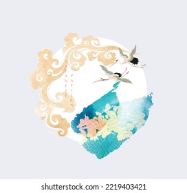 Crane birds element with art abstract banner design. Japanese background with gold floral  texture vector. Chinese cloud decorations logo and icon in vintage style. 